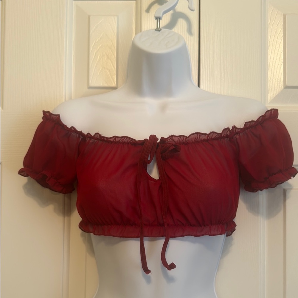 Sheer Red Off-Shoulder Top and bottoms